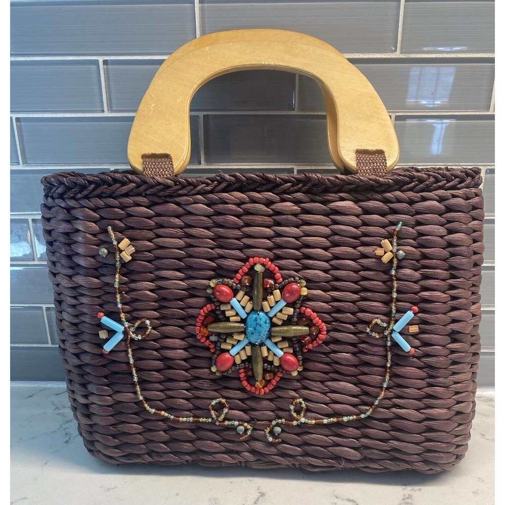 VTG! White Stag Beaded Boho Straw Beach Purse Bag Wood Handle Retro Y2K Brown